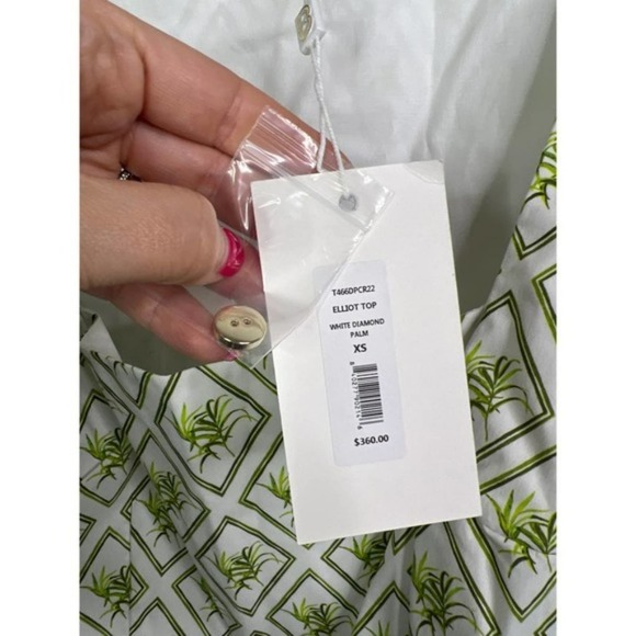 NWT Caroline Constas Elliot Puff Sleeve Green and White Leaf Printed Blouse Top - Picture 7 of 8